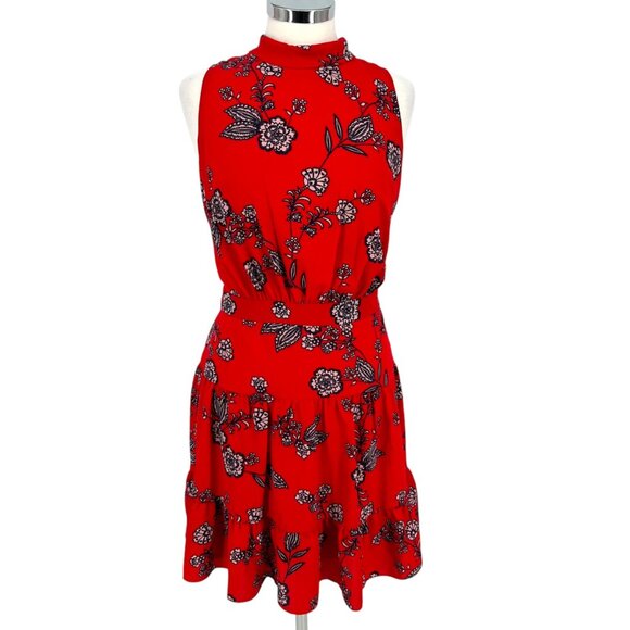 Eliza J Floral Sleeveless Mock Neck A-Line Open Back Dress Red Blue Size 16 - Picture 1 of 11